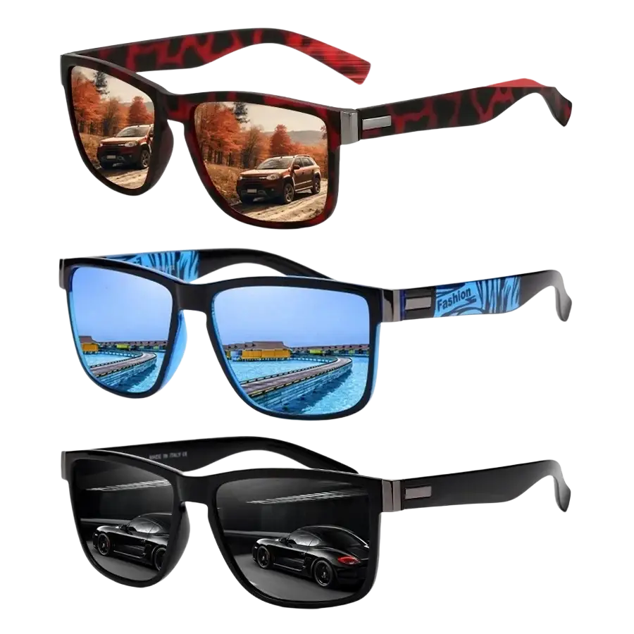 Set of three mirrored square sunglasses in leopard, ice blue, and black frames with reflective lenses showing scenic views