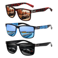 Set of three mirrored square sunglasses in leopard, ice blue, and black frames with reflective lenses showing scenic views