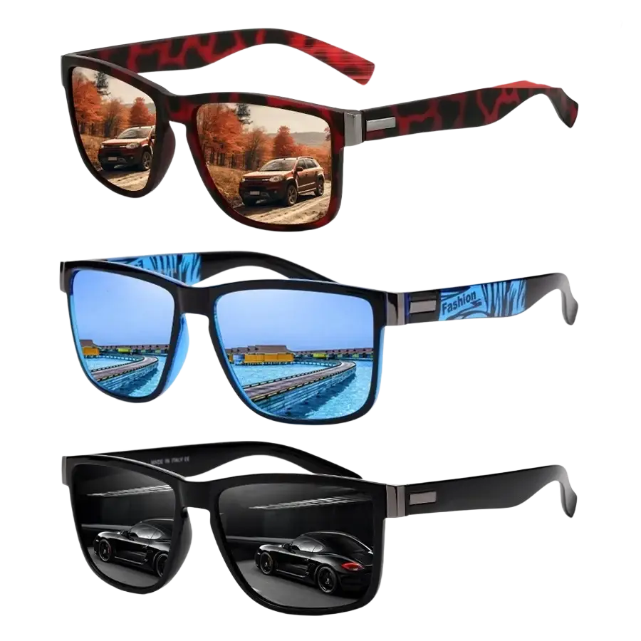 Set of three mirrored square sunglasses with patterned red black and blue frames for stylish sun protection