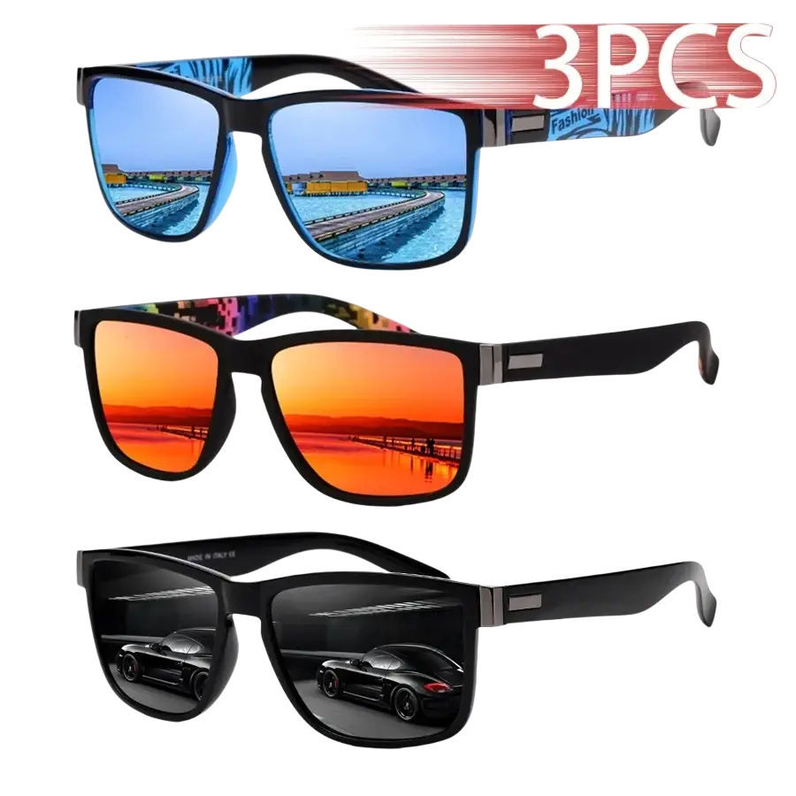Set of three mirrored square sunglasses in ice blue, red, and black frames with reflective lenses showing scenic reflections