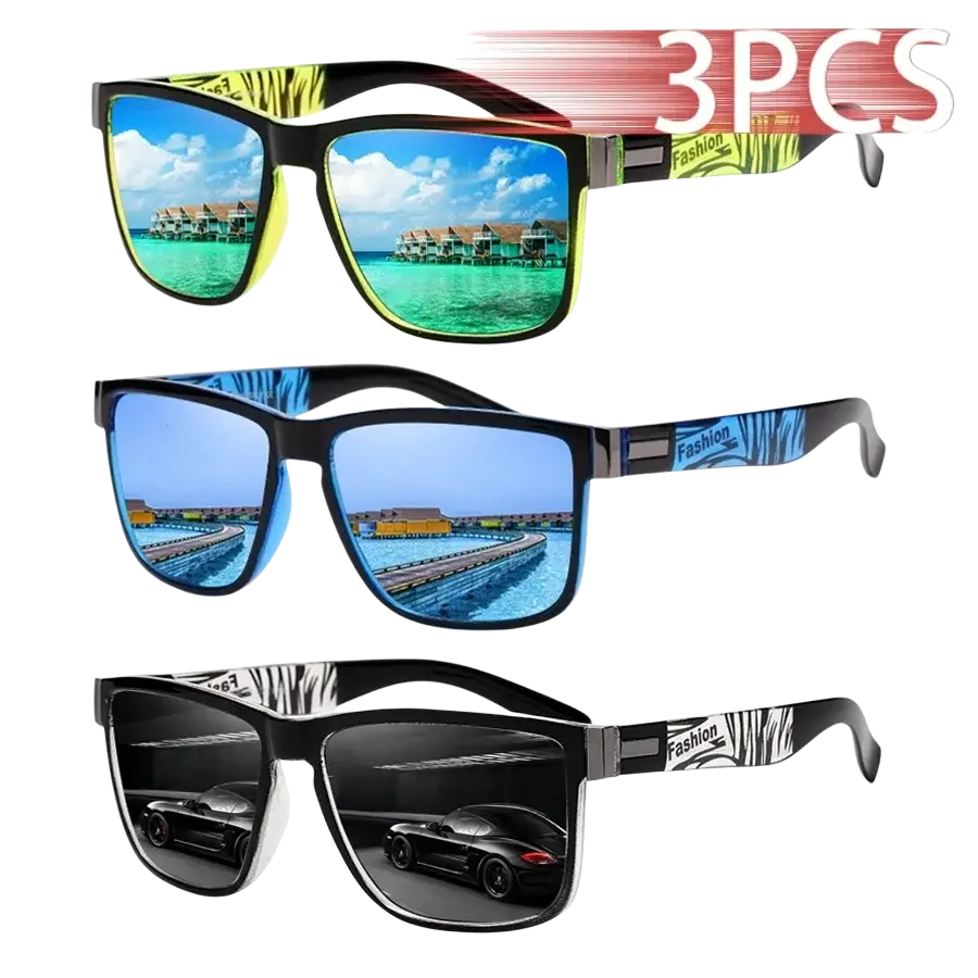 Three pairs of mirrored square sunglasses with bold patterned frames in green mirror ice blue and fashion black designs