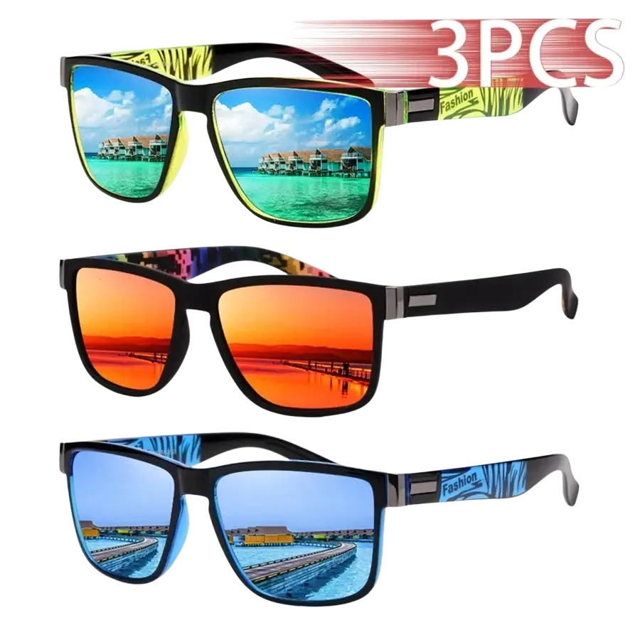 Three pairs of mirrored square sunglasses with colorful patterned temple arms and stylish rectangular frames