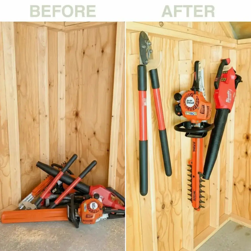 Red and black milwaukee power tool mounted on a wooden wall using a heavy duty compact stud mounted storage hook