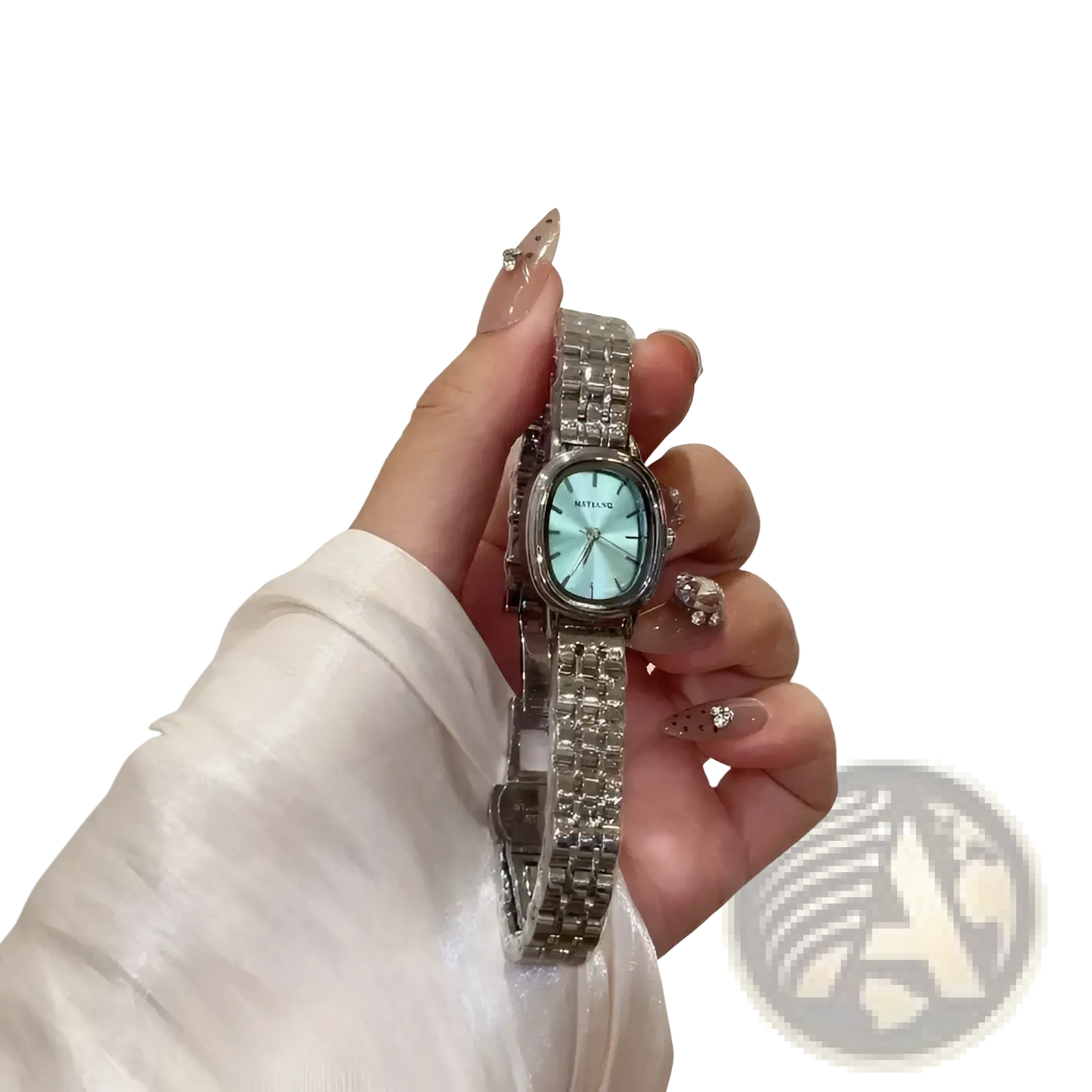 Silver minimalist Mistian oval quartz watch for women with a light blue face and diamond-encrusted rectangular case