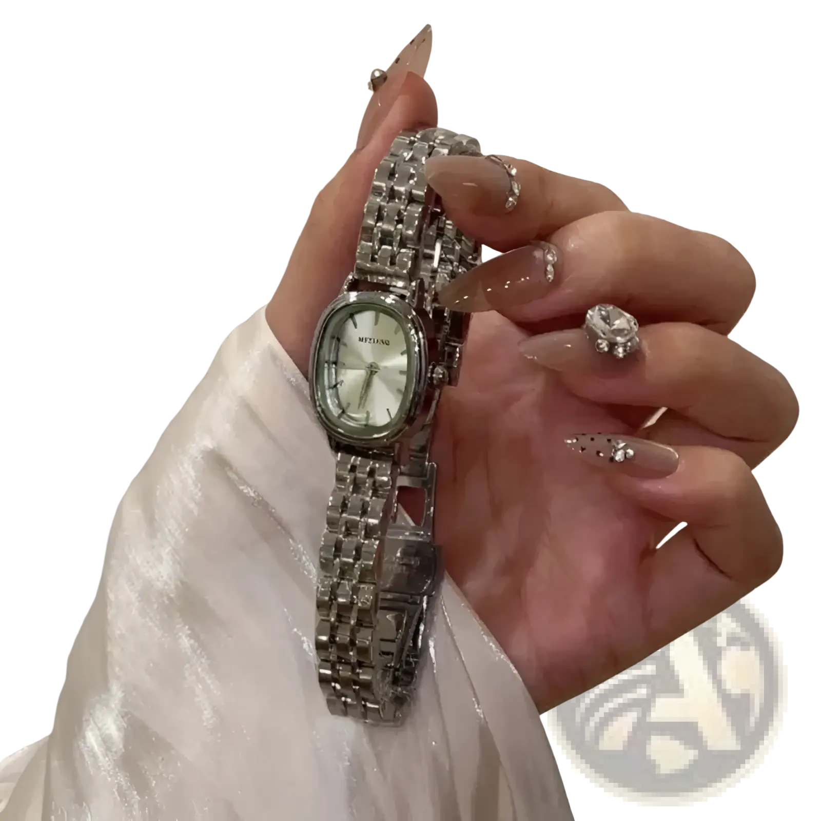 Silver minimalist mistian oval quartz watch for women with a rectangular case, metallic link bracelet, and light dial