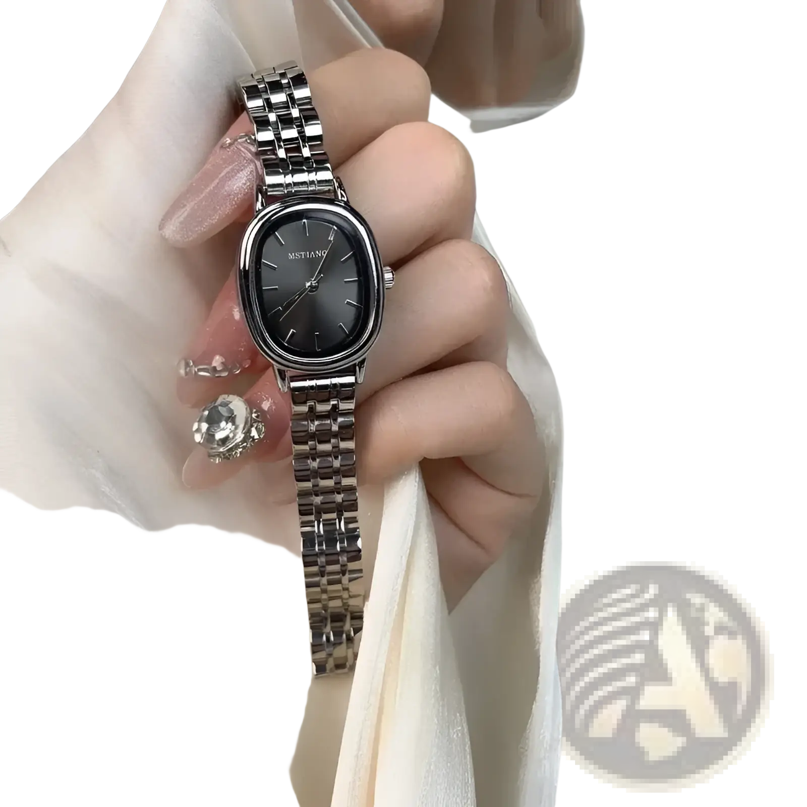 A sleek silver tone mistian oval quartz wristwatch for women with a rectangular face and minimalist dark gray dial