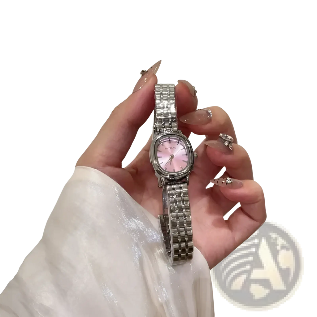 Mistian oval quartz women’s watch in silver metal with a pink dial and diamond-studded bezel elegant rectangular face