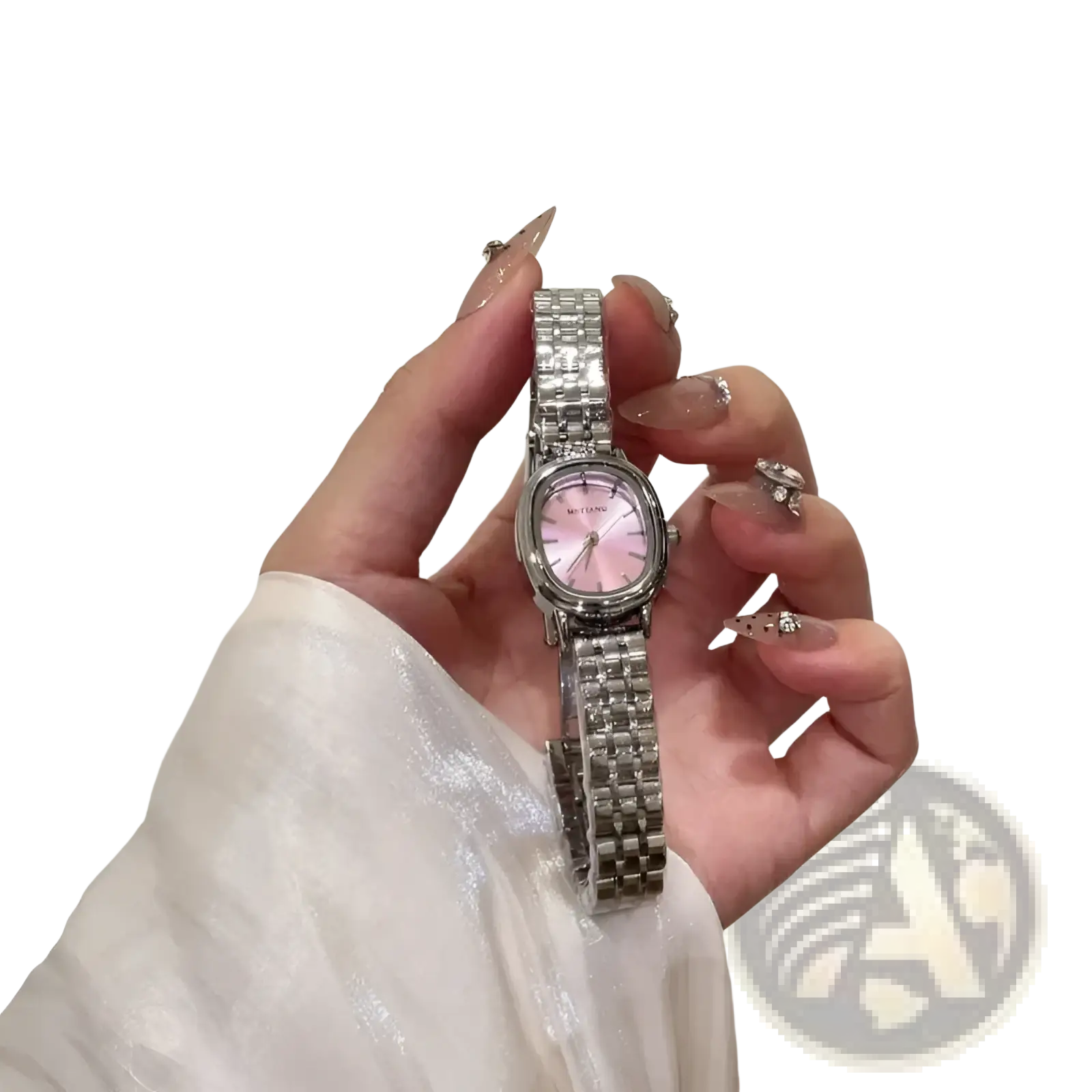 Mistian oval quartz women’s watch in silver metal with a pink dial and diamond-studded bezel elegant rectangular face