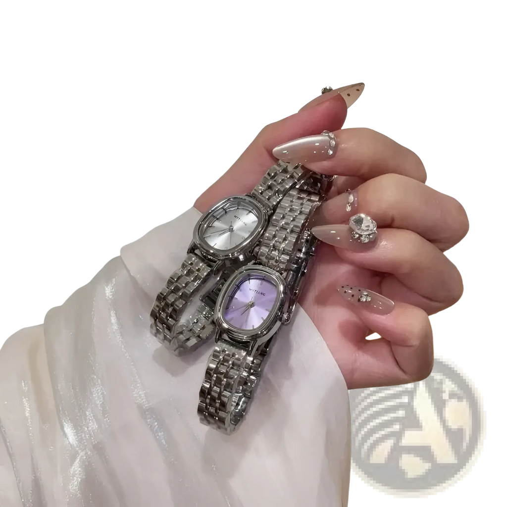 Mistian Oval quartz watch women silver minimalist featuring two silver-toned wristwatches with crystal link bracelets