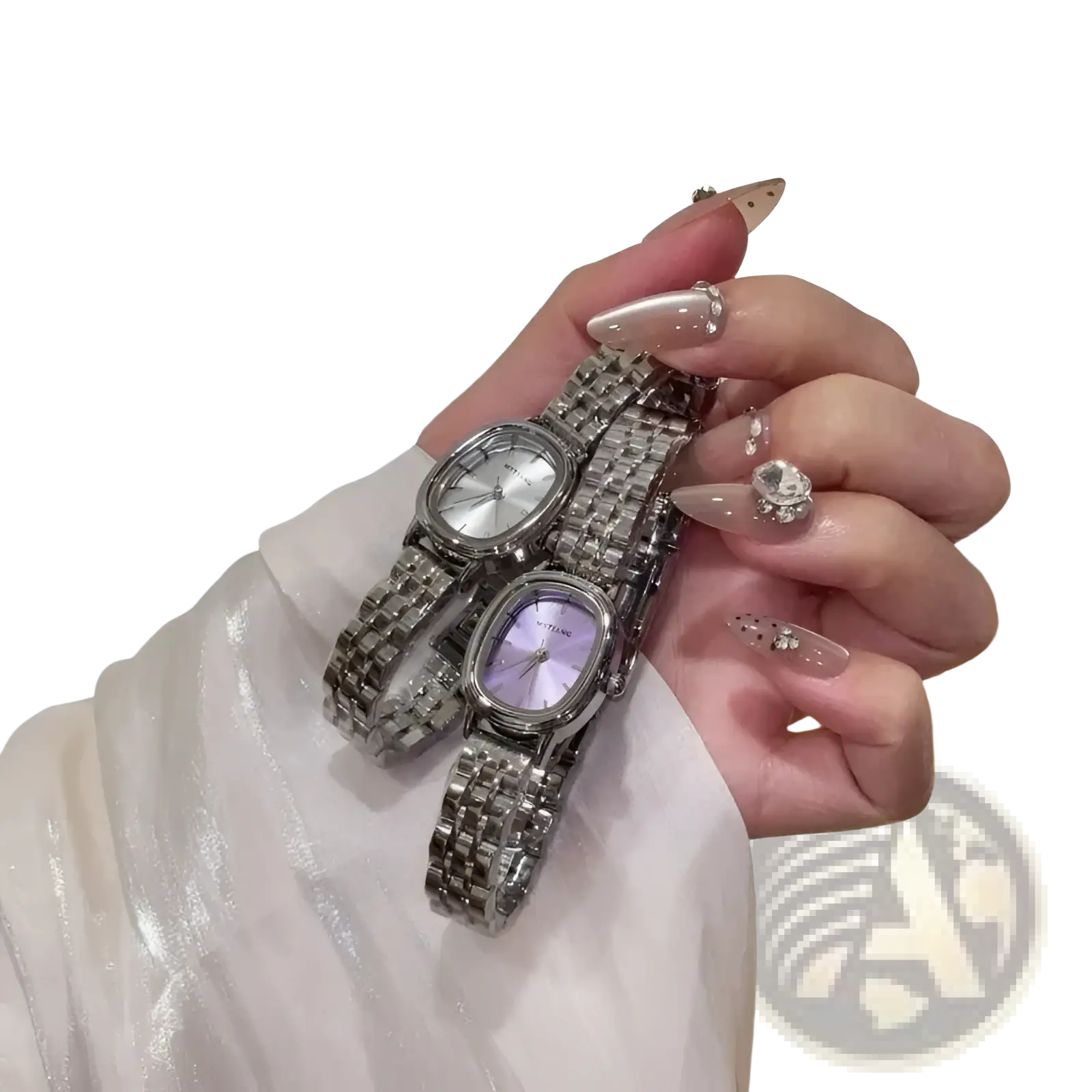Mistian Oval quartz watch women silver minimalist featuring two silver-toned wristwatches with crystal link bracelets