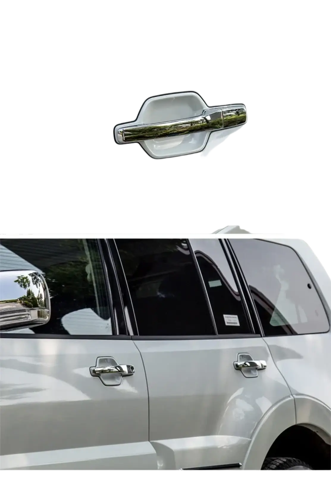 Chrome finished abs door handle trim for white mitsubishi pajero suv 2007-2021 shown from back side view