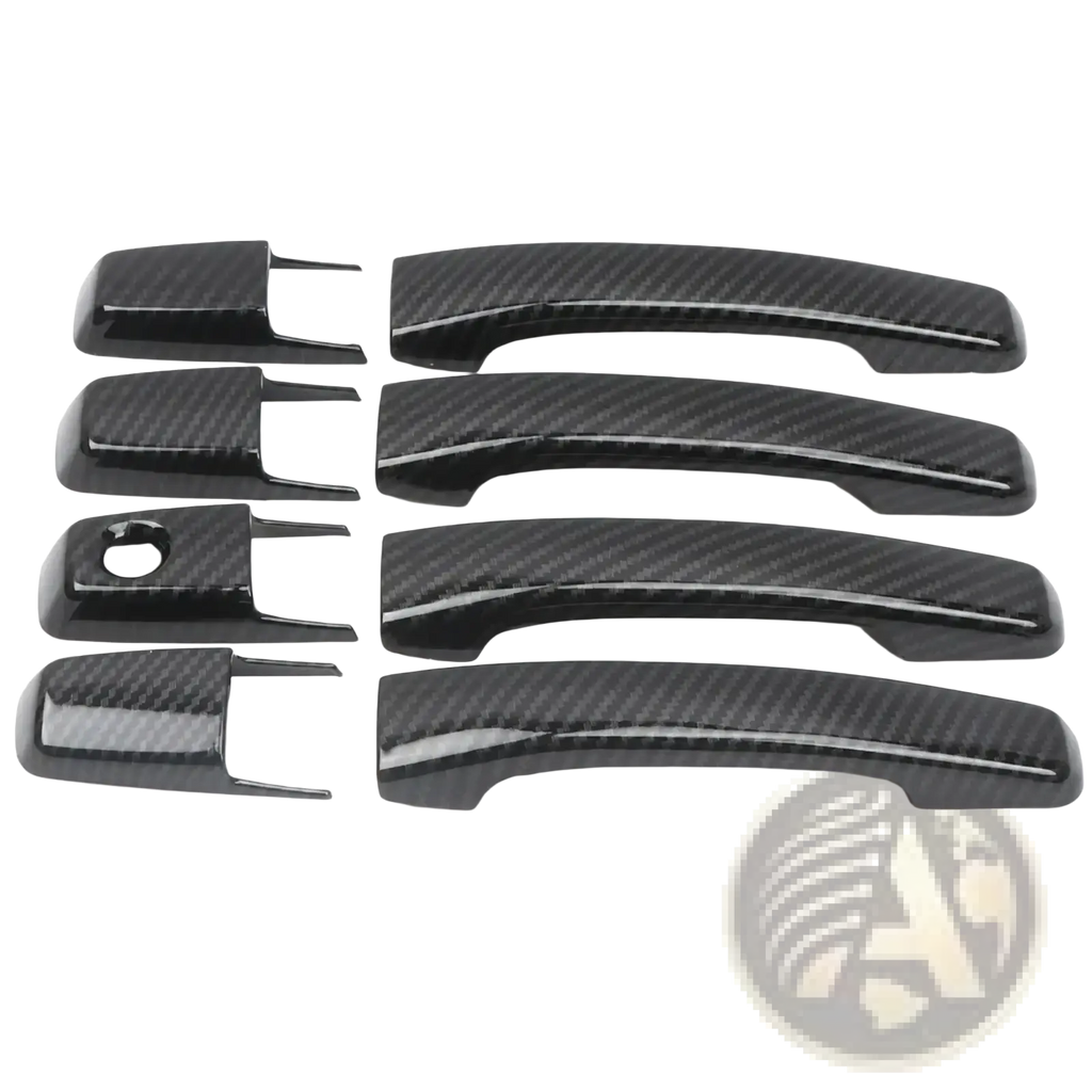 Set of six black carbon fiber textured door handle covers for Mitsubishi Pajero chrome trim 2007-2021