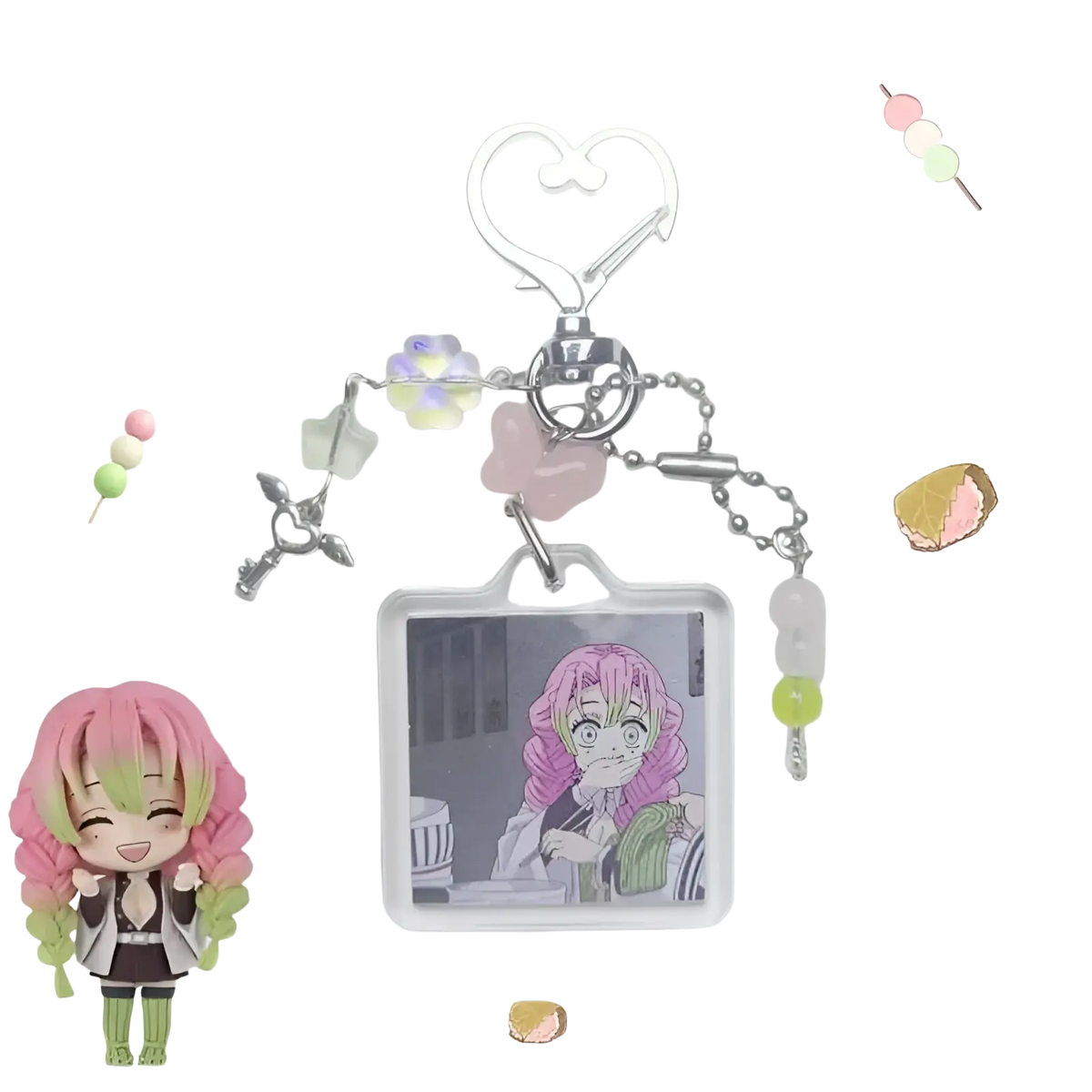 A clear rectangular mitsuri kanroji anime keychain with pink and green hair image, silver charms, and pastel beads