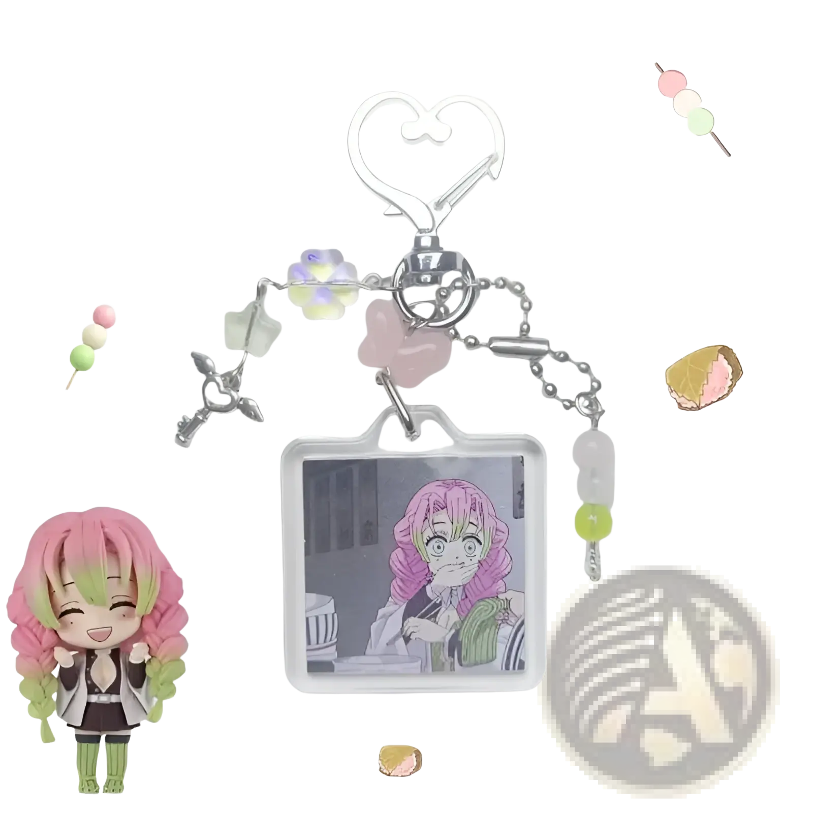 A clear rectangular mitsuri kanroji anime keychain with pink and green hair image, silver charms, and pastel beads
