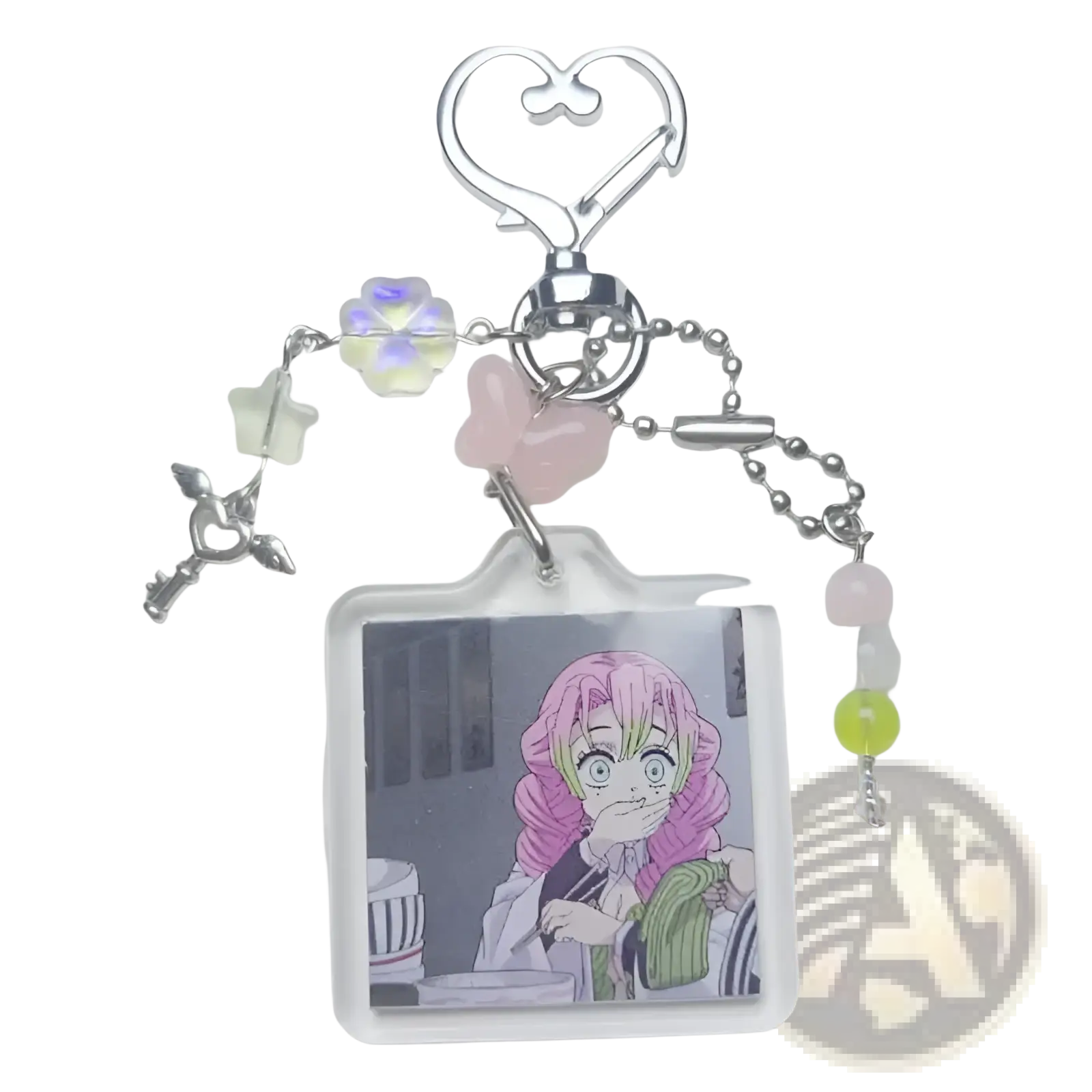 A clear acrylic mitsuri kanroji anime keychain with pink hair image and pastel beaded heart clip charms