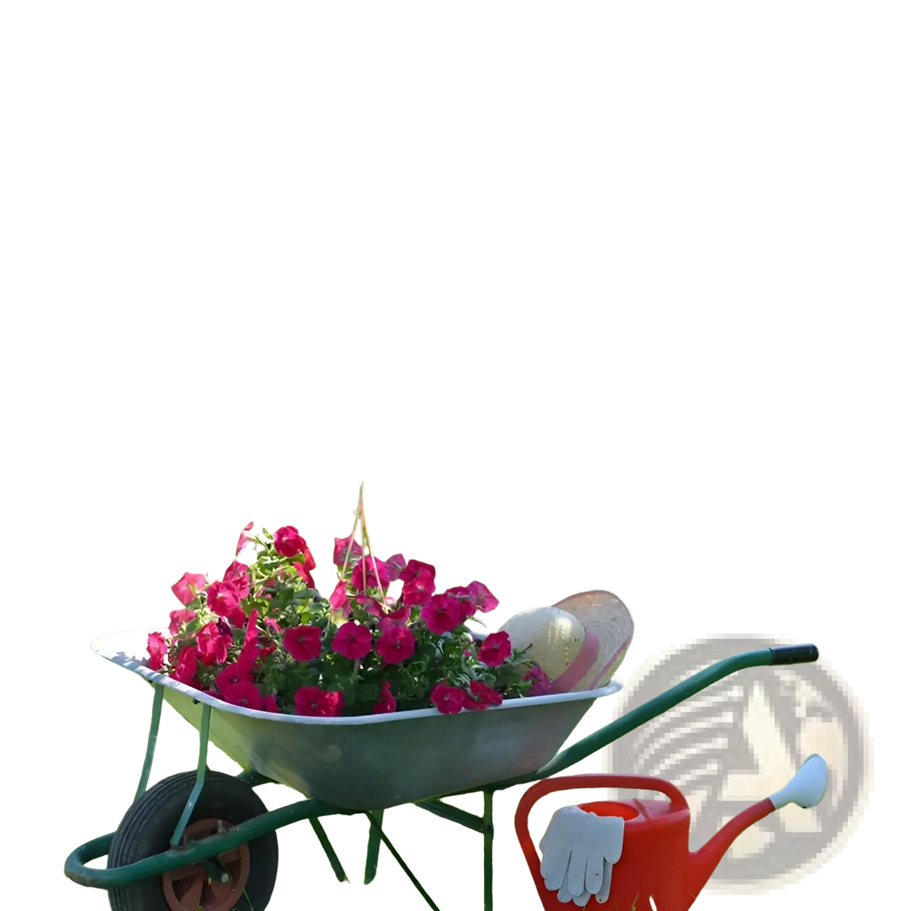 Green rubber gardening boots with wooden handles alongside a matching green watering can for mixed climbing flower seeds use