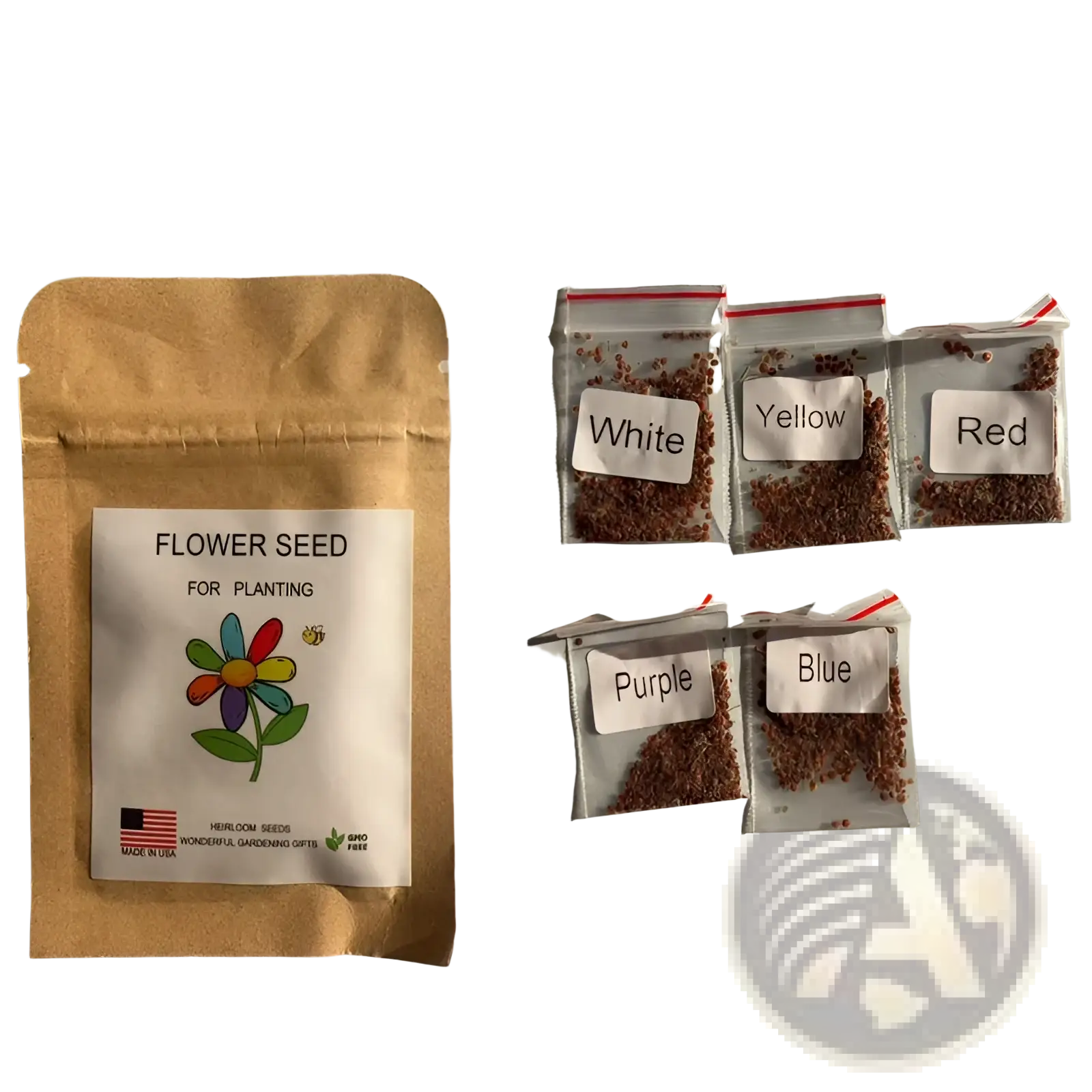 Brown paper bag labeled flower seed for planting with colorful flower illustration containing assorted heirloom climbing flower seeds