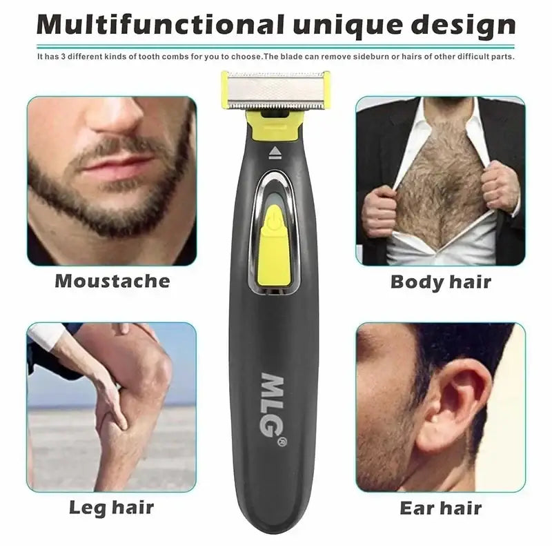 Black and yellow mlg electric shaver portable usb full body trimmer with interchangeable tooth combs for precise grooming