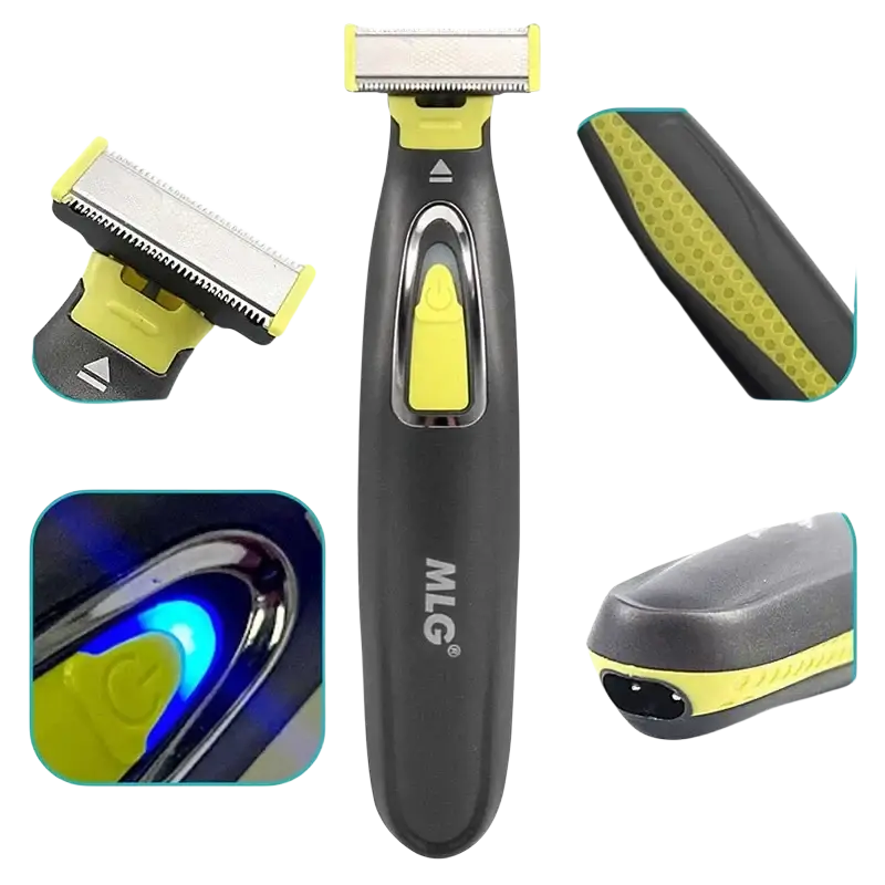 Black and yellow mlg electric shaver portable usb full body trimmer with steel cutter head and blue led switch light