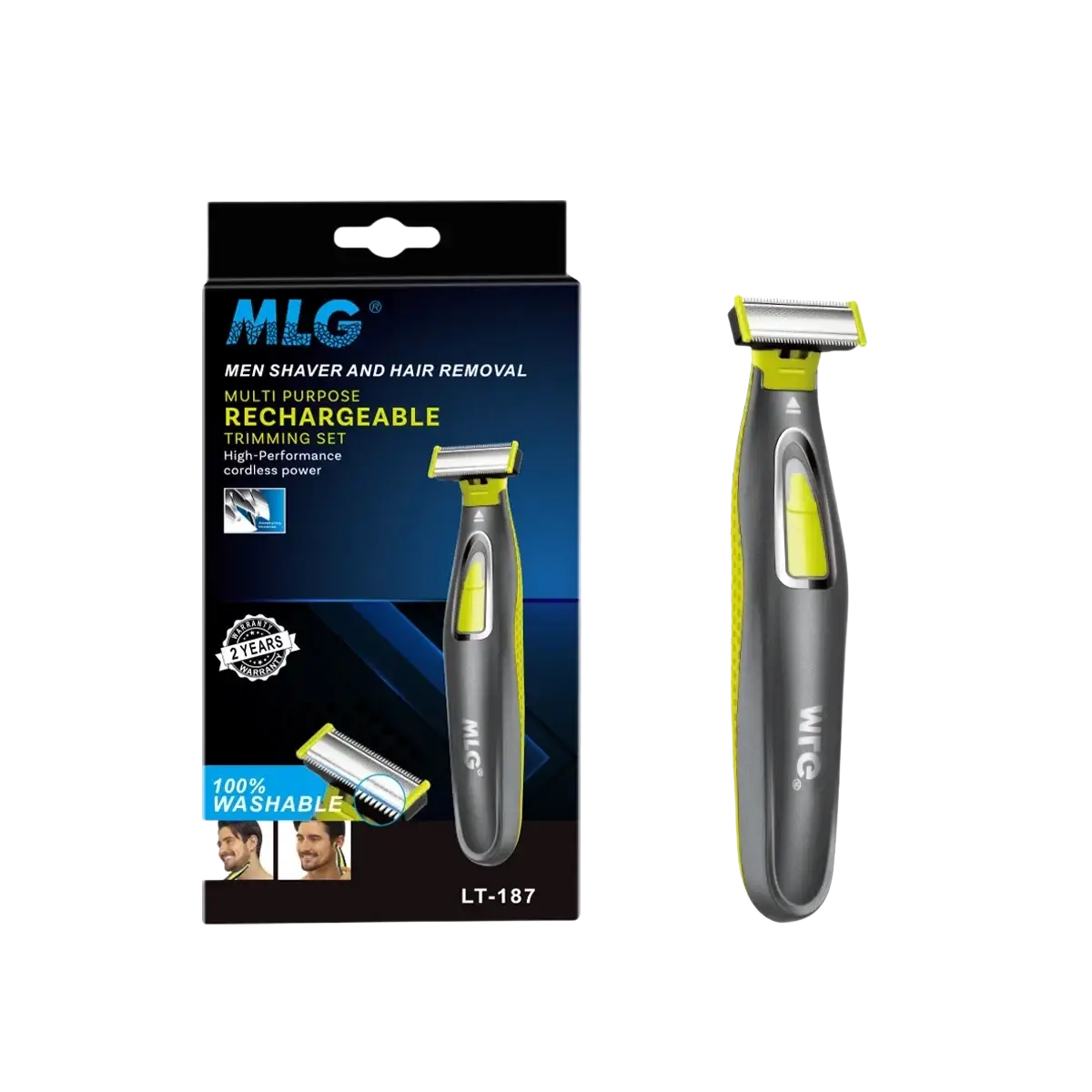 Gray and lime green mlg electric shaver rechargeable men’s portable usb full body trimmer with ergonomic design
