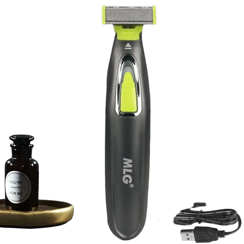 A sleek matte black and lime green mlg electric shaver portable usb full body trimmer with metallic silver accent