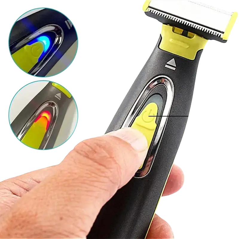Yellow and black mlg electric shaver portable usb full body trimmer with vertical push switch and indicator lights