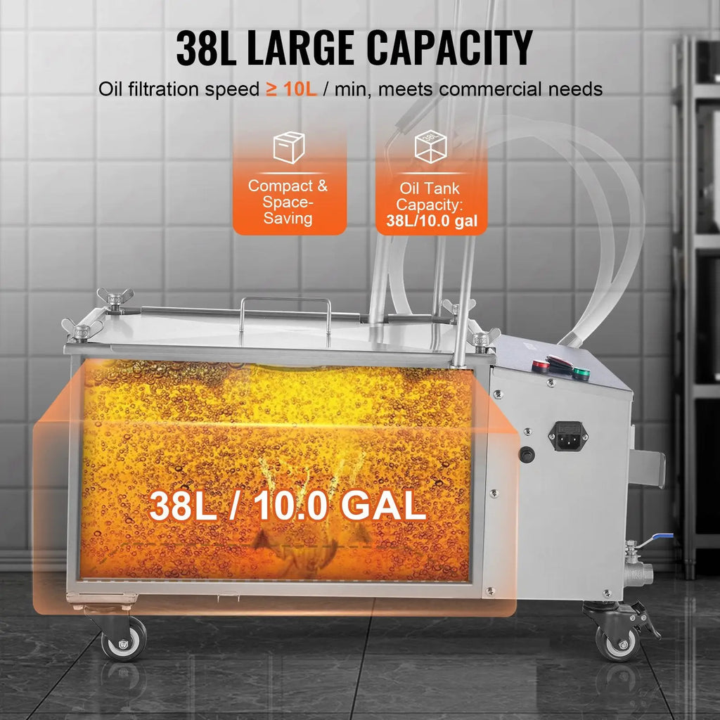 Mobile fryer filter 38l oil filtration system with stainless steel construction and transparent viewing panel