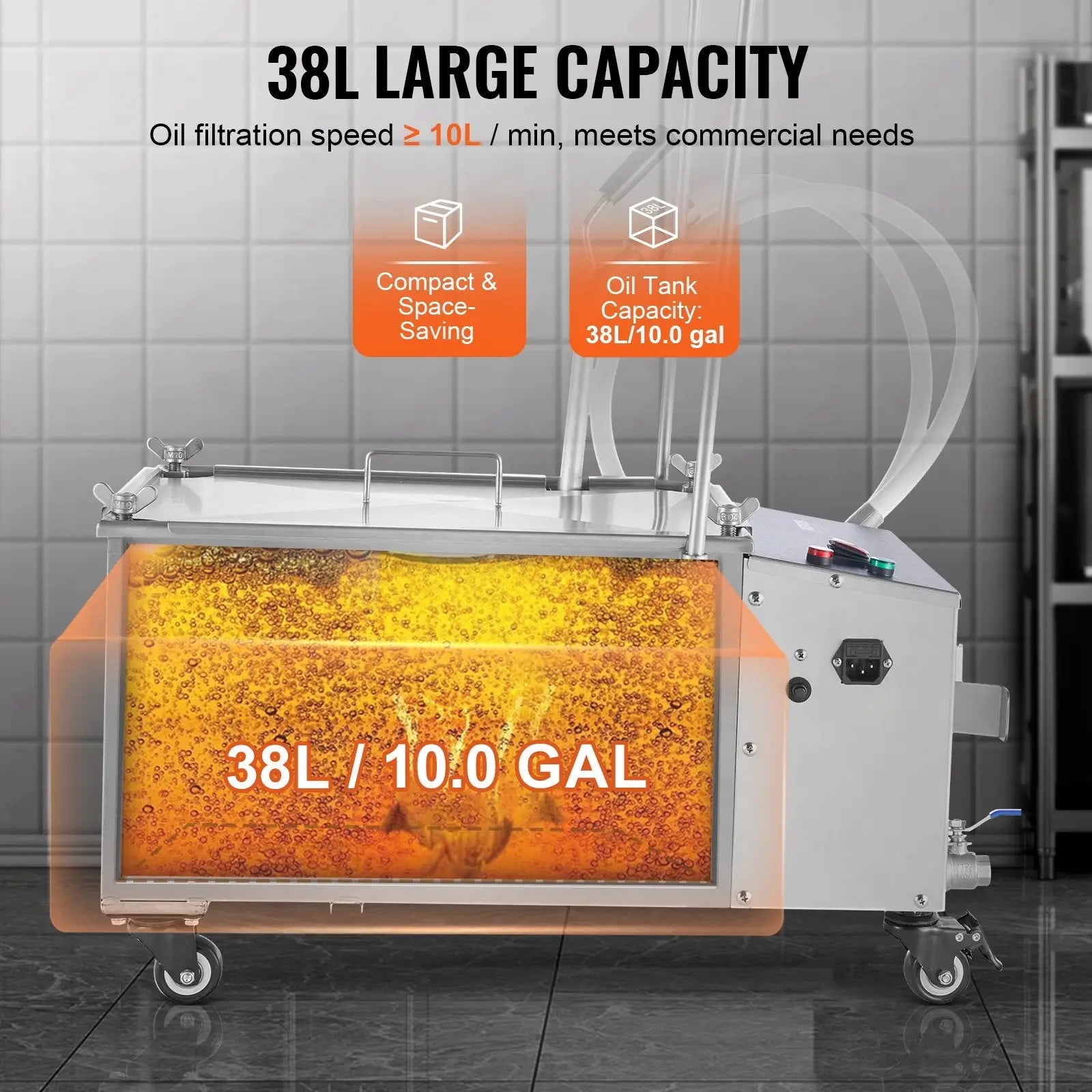 Mobile fryer filter 38l oil filtration system with stainless steel construction and transparent viewing panel