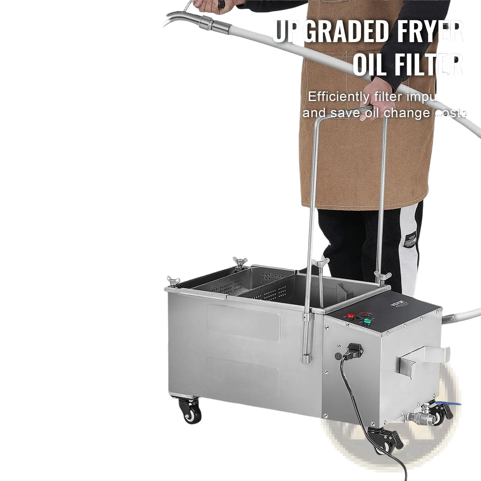 Stainless steel mobile fryer filter with handle and wheels for 38l oil filtration system at 10l per minute