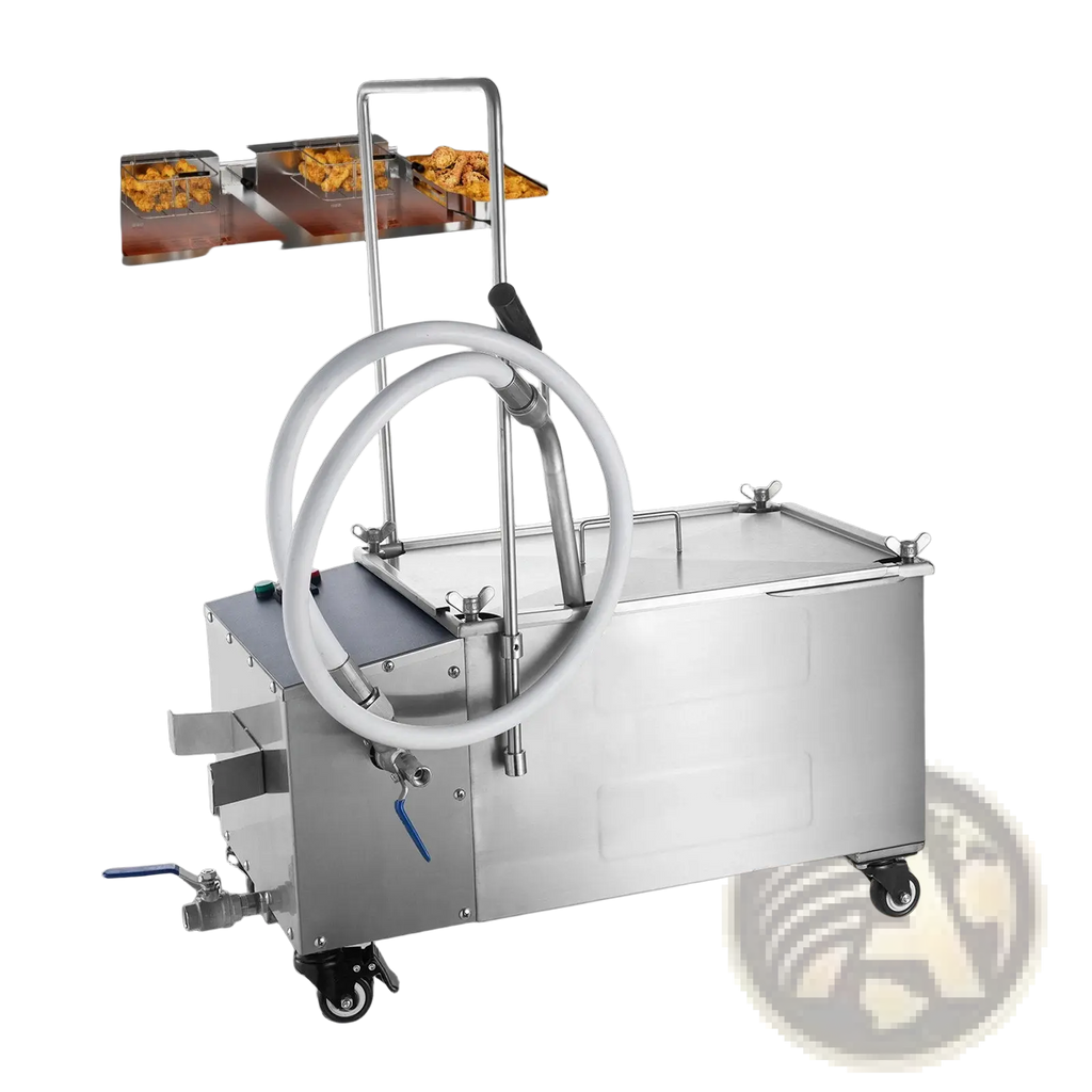 Stainless steel mobile fryer filter with 38l oil filtration capacity, white hose, blue handle, and wheels for mobility