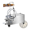 Stainless steel mobile fryer filter with 38l oil filtration capacity, white hose, blue handle, and wheels for mobility