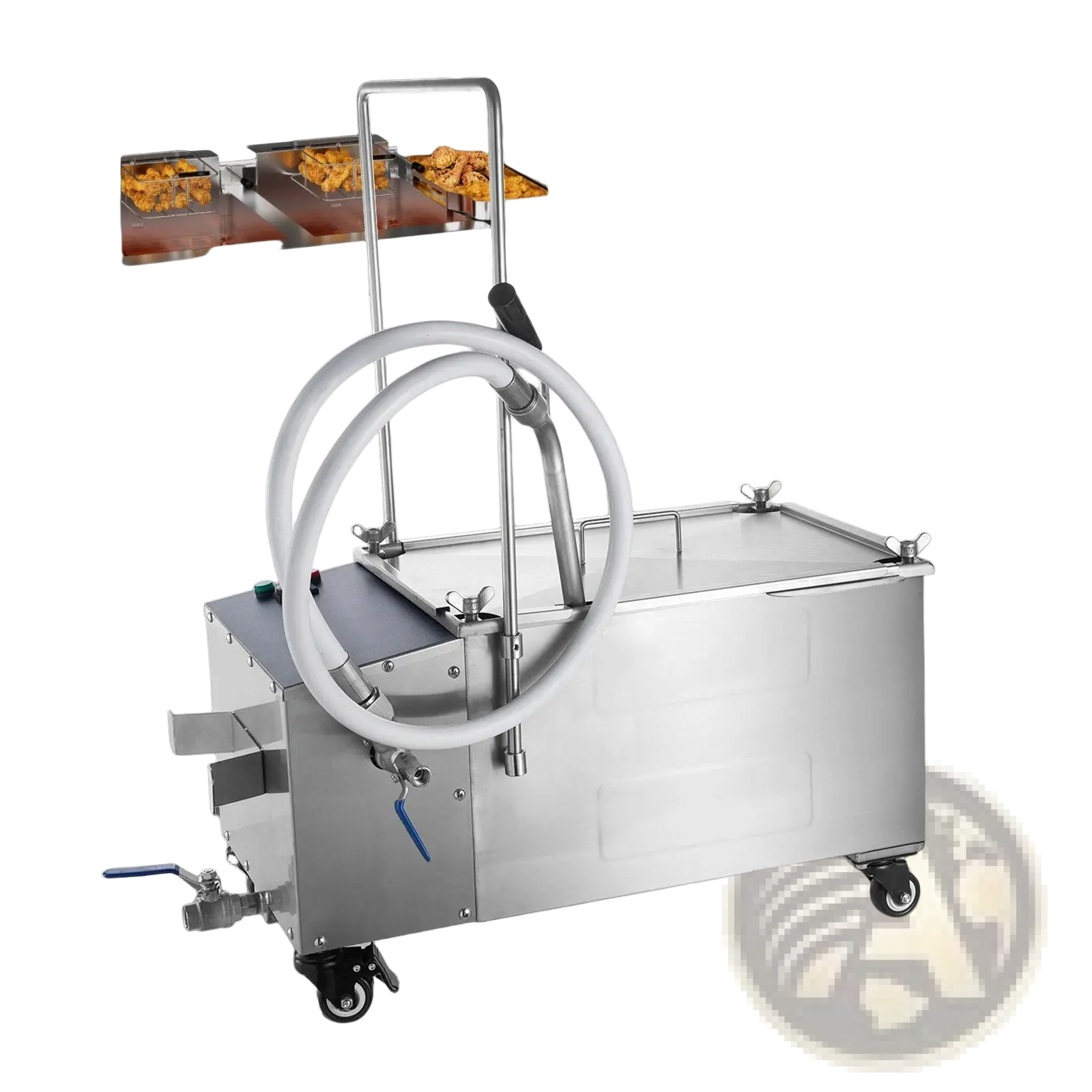 Stainless steel mobile fryer filter with 38l oil filtration capacity, white hose, blue handle, and wheels for mobility