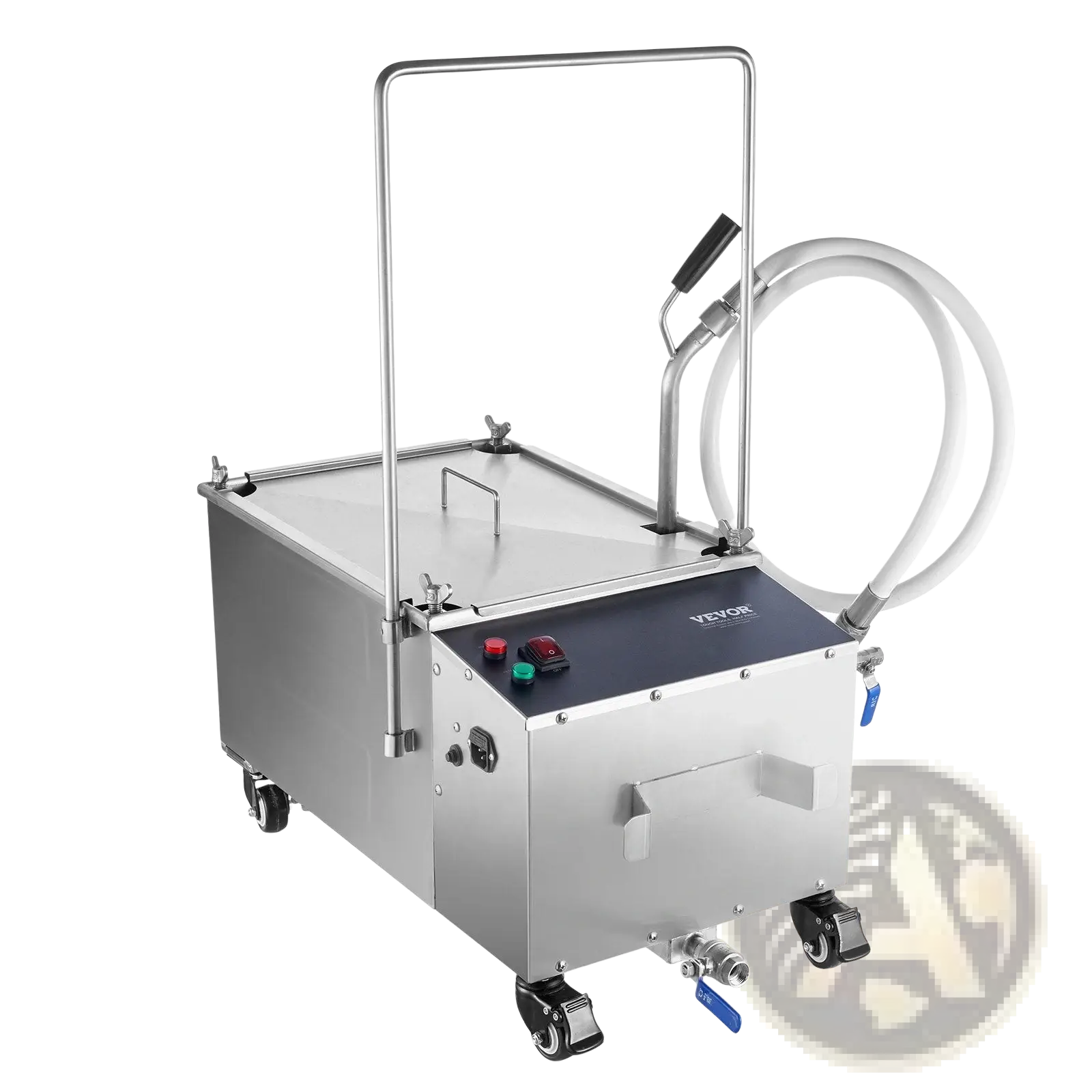 Stainless steel mobile fryer filter with 38l capacity, control panel with red and green buttons, handle, and attached white hose
