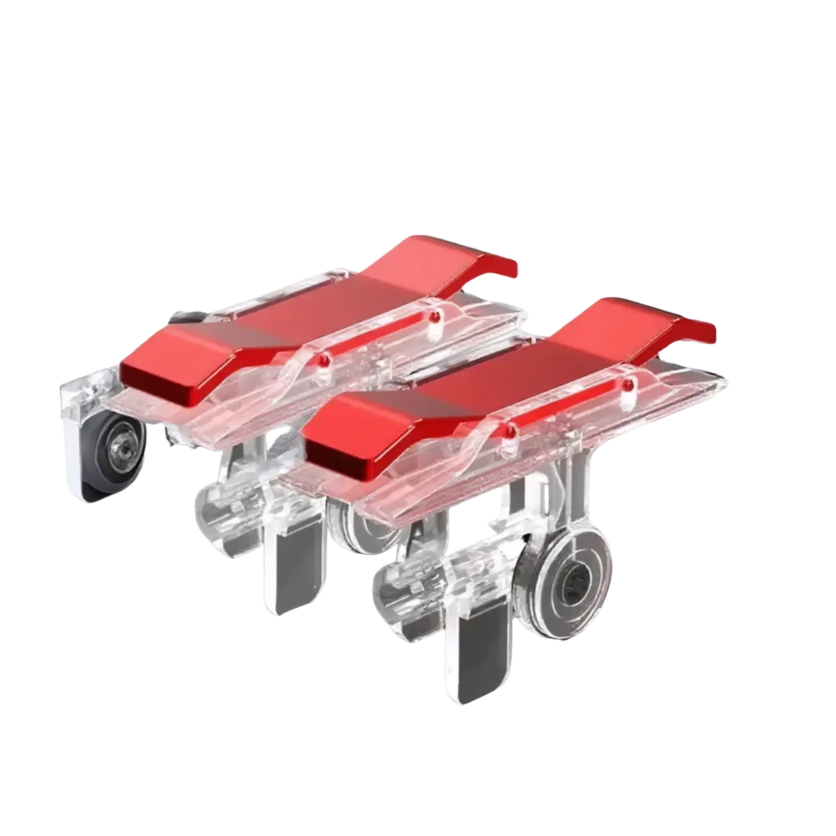 Mobile game triggers l1r1 phone controller joystick with red and transparent plastic miniature hospital gurneys and black wheels