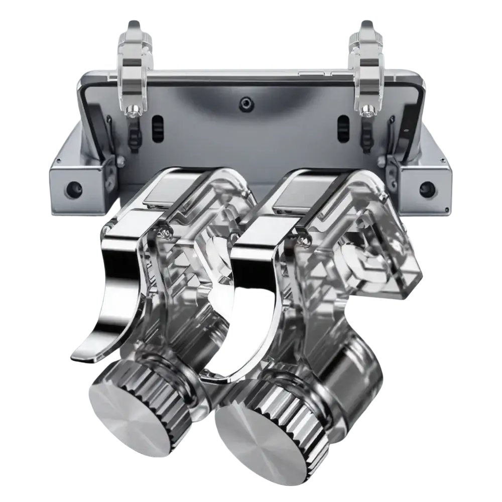 Shiny chrome-finished mobile game triggers l1r1 phone controller joystick with adjustable clamps and textured knobs