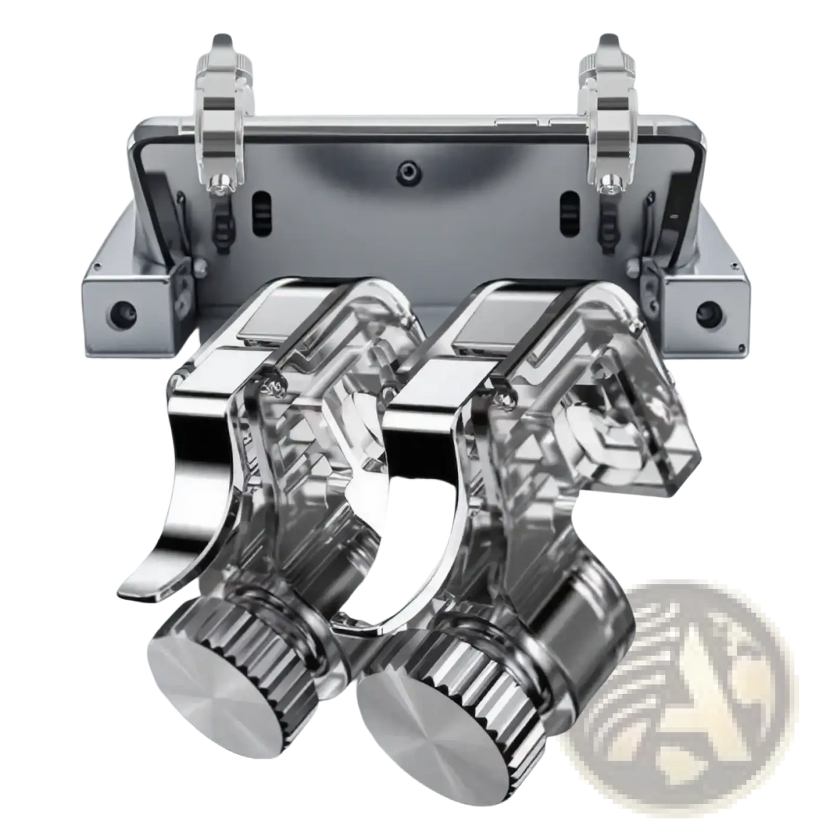 Shiny chrome-finished mobile game triggers l1r1 phone controller joystick with adjustable clamps and textured knobs