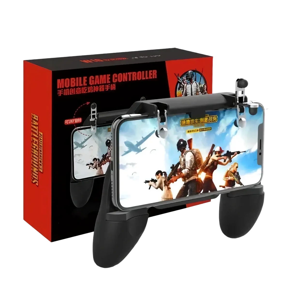 Black plastic mobile gaming controller with ergonomic grips and adjustable triggers for iphone and android use