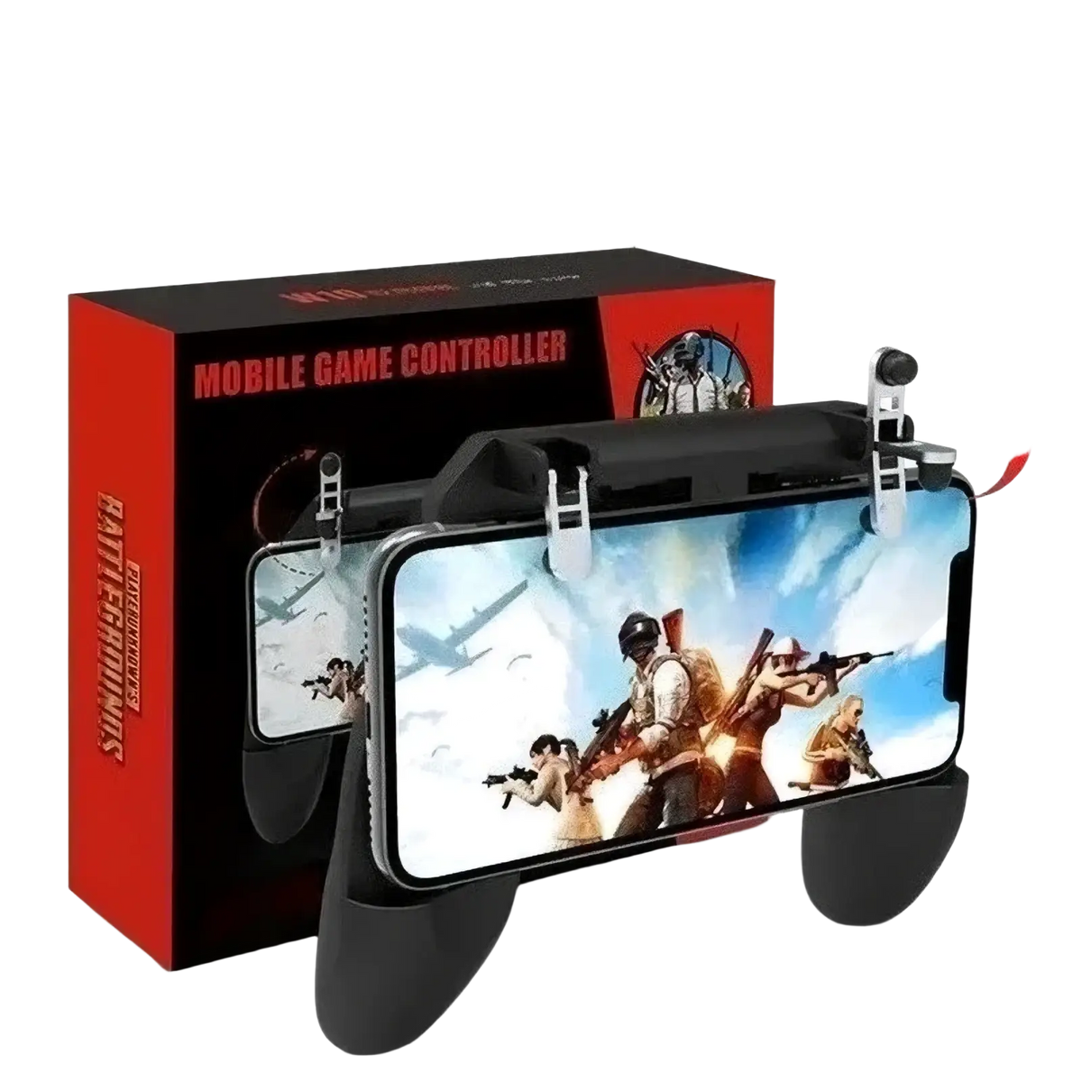 Black plastic mobile gaming controller with clip-on grips and built-in screen holder for pubg-style games on iphone and android