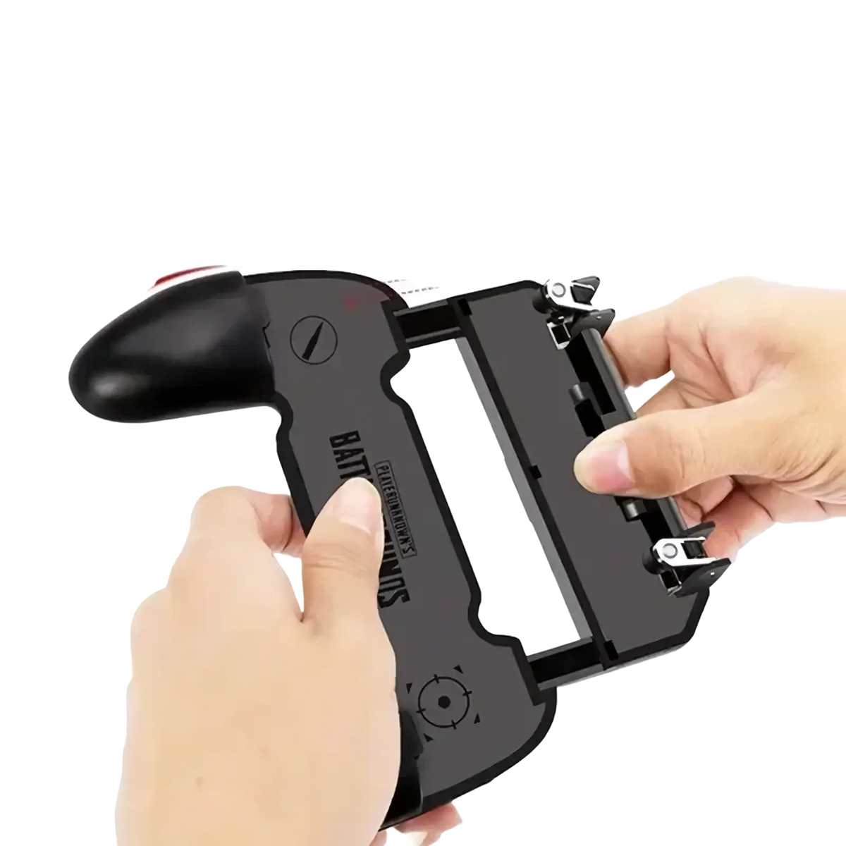 Black plastic mobile gaming controller grip with ergonomic design and adjustable clamp for iPhone and Android use