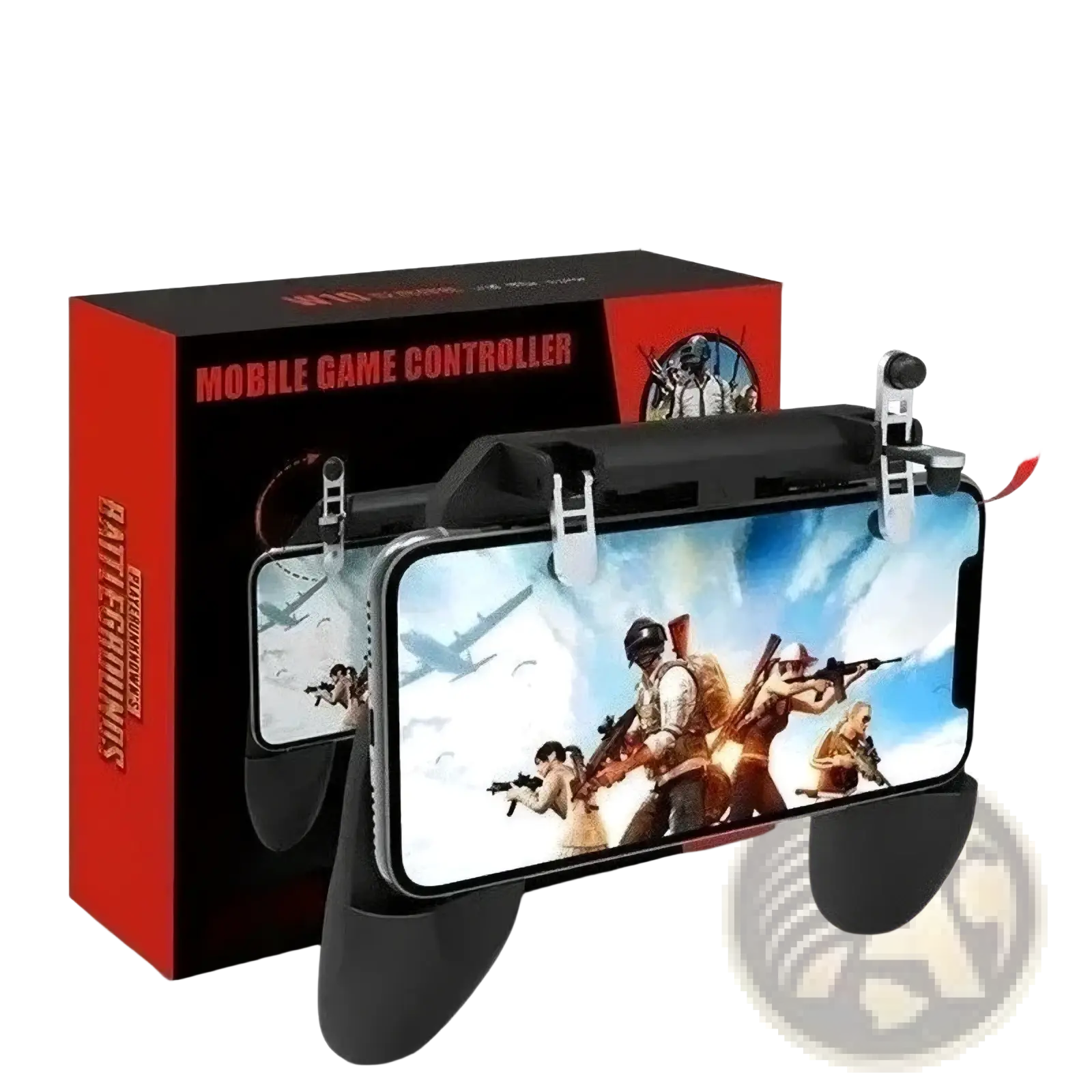 Black plastic mobile gaming controller with clip-on grips and built-in screen holder for pubg-style games on iphone and android
