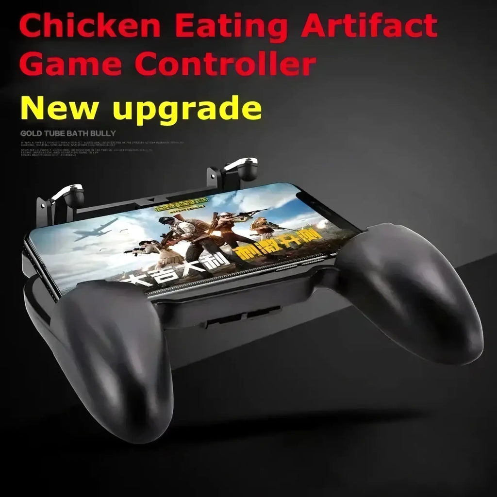 Black plastic mobile gaming controller attachment with ergonomic grips and adjustable clamps for smartphone use