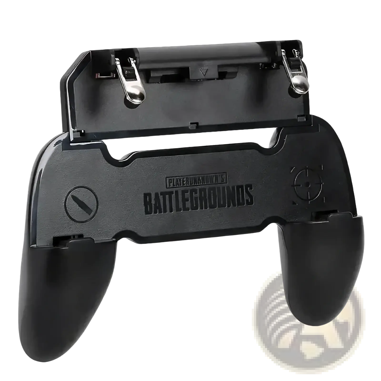 Black plastic mobile gaming controller grip with silver trigger levers and playerunknowns battlegrounds branding for iphone and android