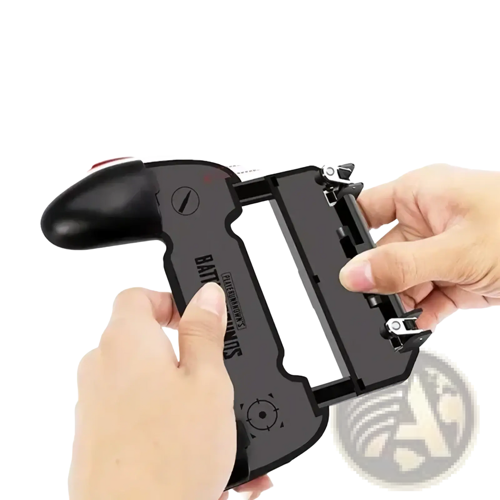 Black plastic mobile gaming controller grip with ergonomic design and adjustable clamp for iPhone and Android use