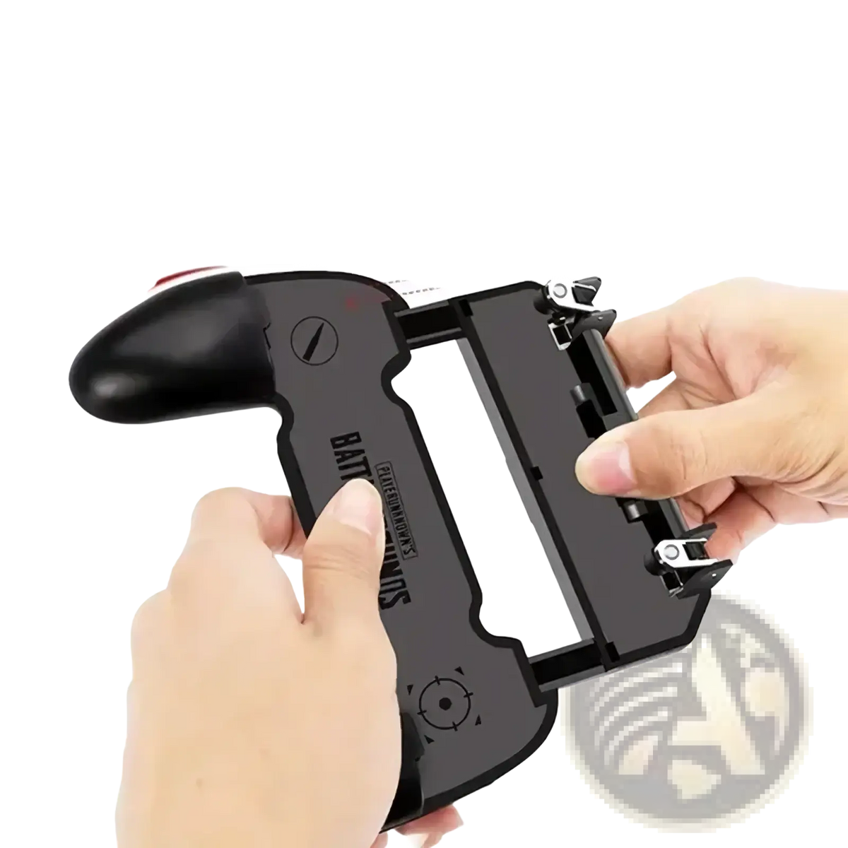 Black plastic mobile gaming controller grip with ergonomic design and adjustable clamp for iPhone and Android use
