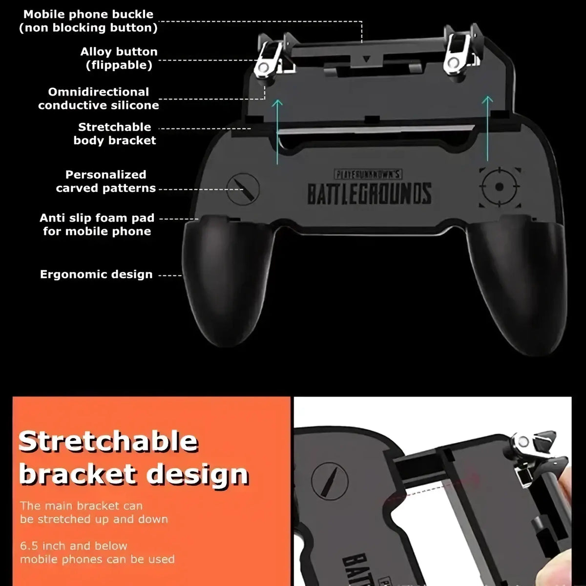 Black plastic and silicone mobile gaming controller grip with stretchable bracket for iphone and android pubg mobile use