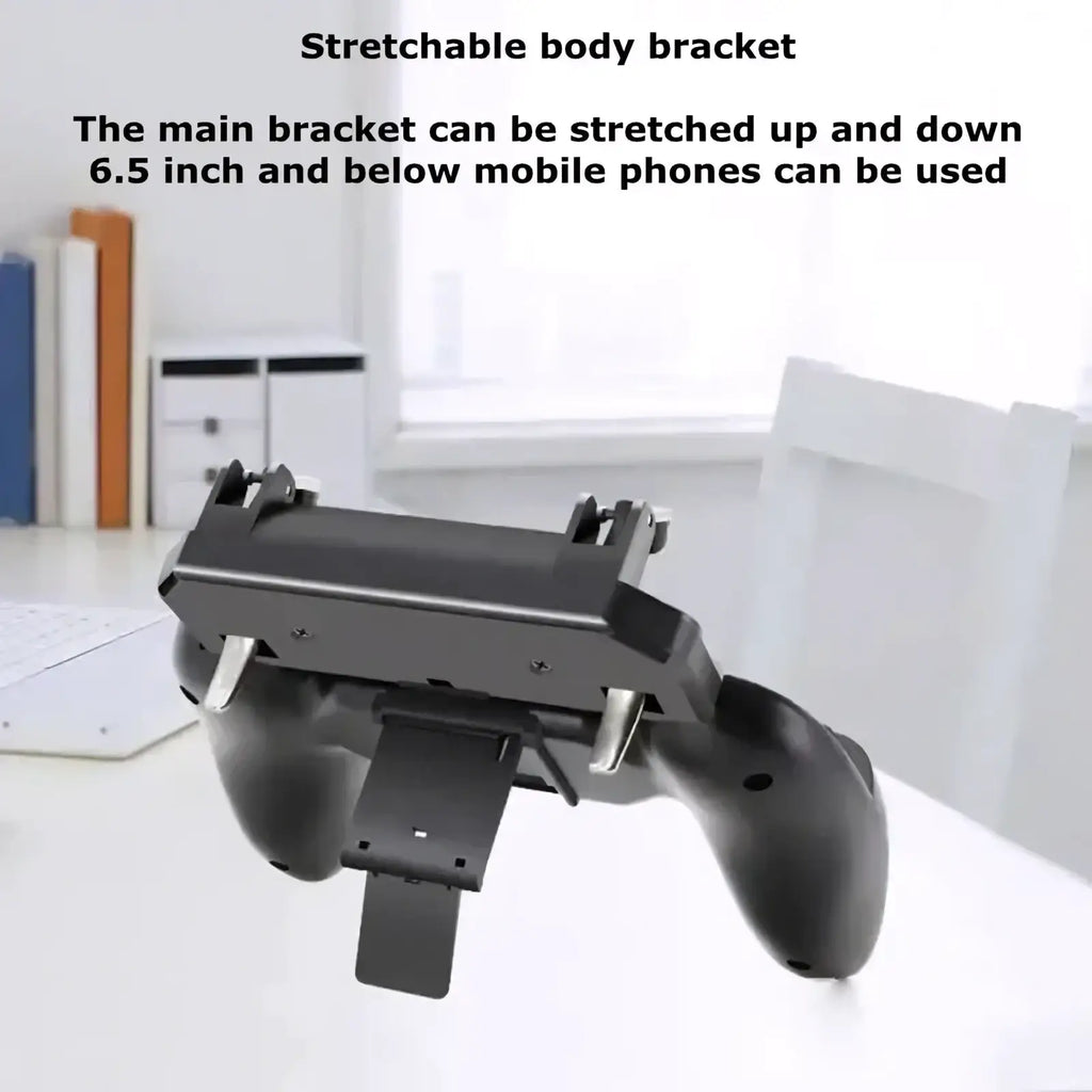 Black stretchable phone grip bracket with adjustable arms for securing mobile devices in mobile gaming controller