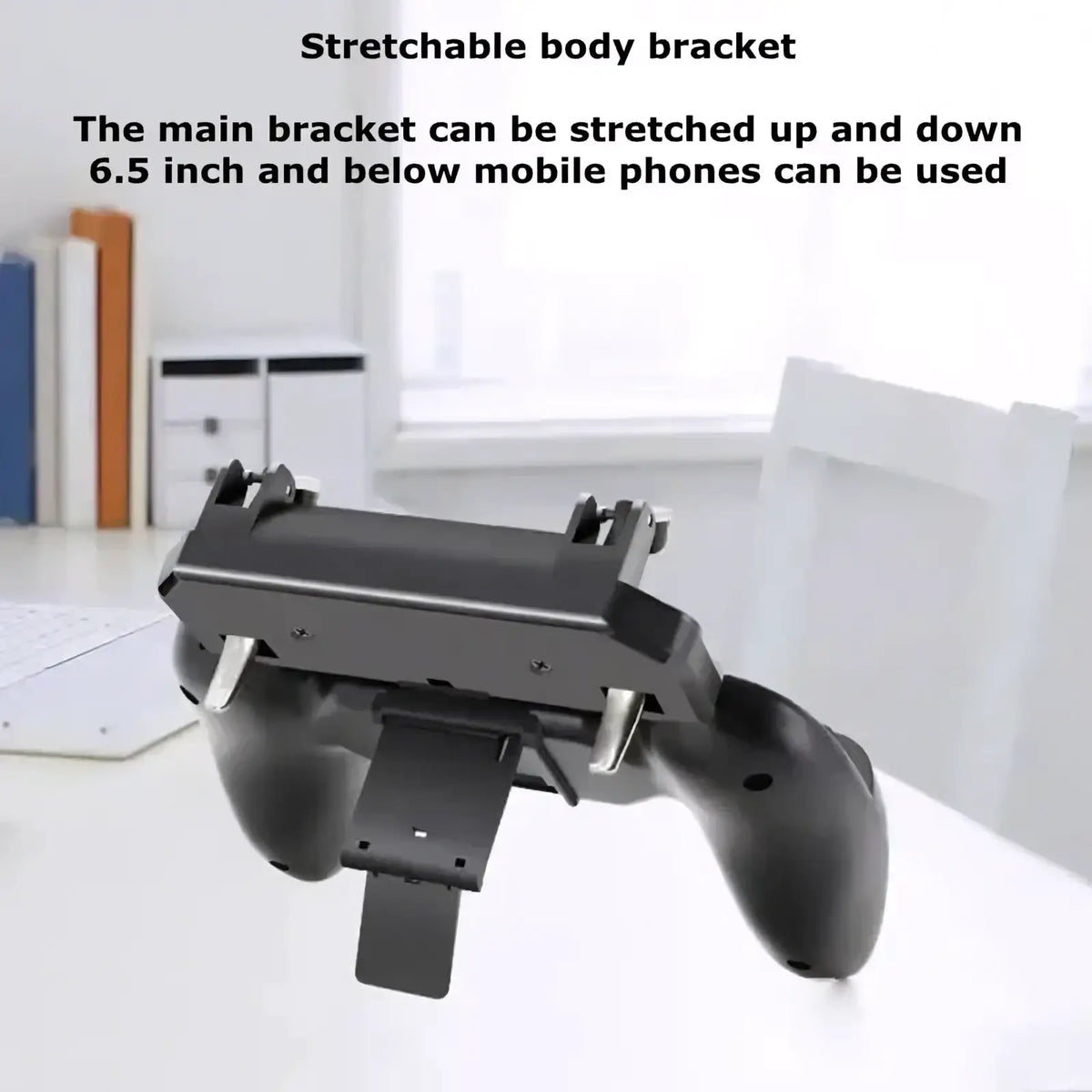 Black stretchable phone grip bracket with adjustable arms for securing mobile devices in mobile gaming controller
