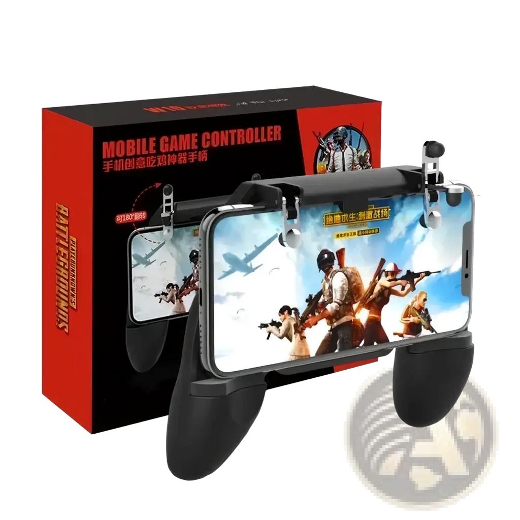 Black plastic mobile gaming controller with ergonomic grips and adjustable triggers for iphone and android use