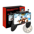 Black plastic mobile gaming controller with ergonomic grips and adjustable triggers for iphone and android use