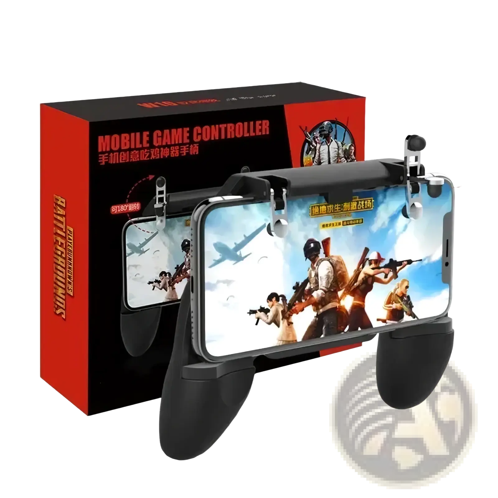 Black plastic mobile gaming controller with ergonomic grips and adjustable triggers for iphone and android use